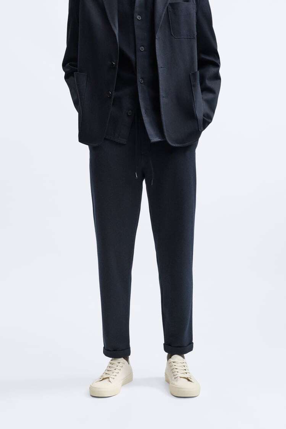 ZARA БРЮКИ EASY CARE С ПОЯСОМ НА ШНУРКЕ, ТЕМНО-СИНИЙ