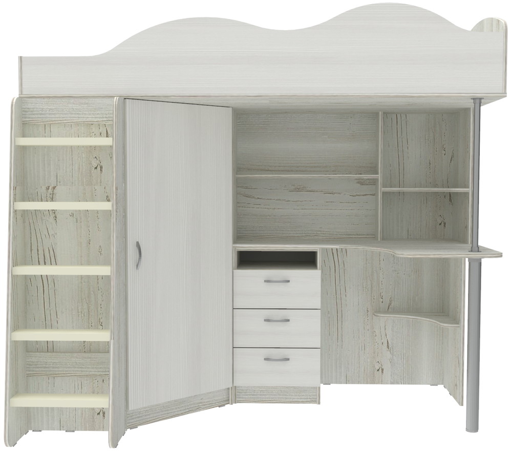 Кровать-чердак КарИВи Пионер с деревянной лестницей Винтерберг Белое Дерево