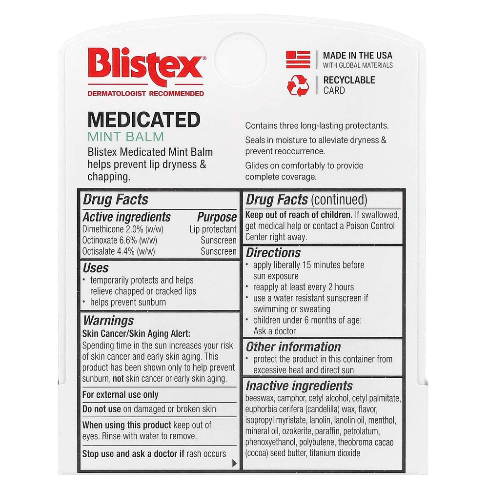Blistex, заживляющий бальзам, защита губ с солнцезащитным фильтром, SPF 15, мята, 4,25 г (0,15 унции)