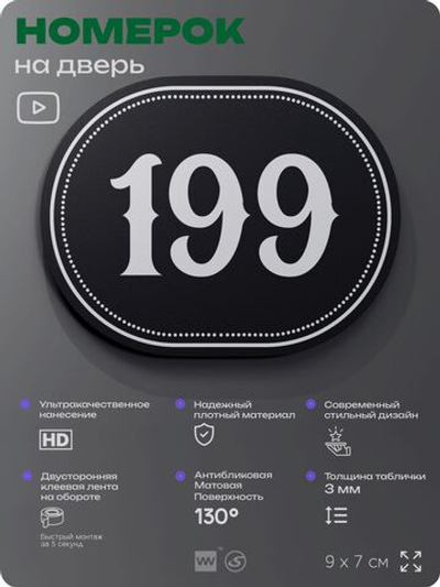 Номерок на дверь квартиры 199, для кабинета, офиса, шильдик 9 х 7 см, черный, Айдентика Технолоджи