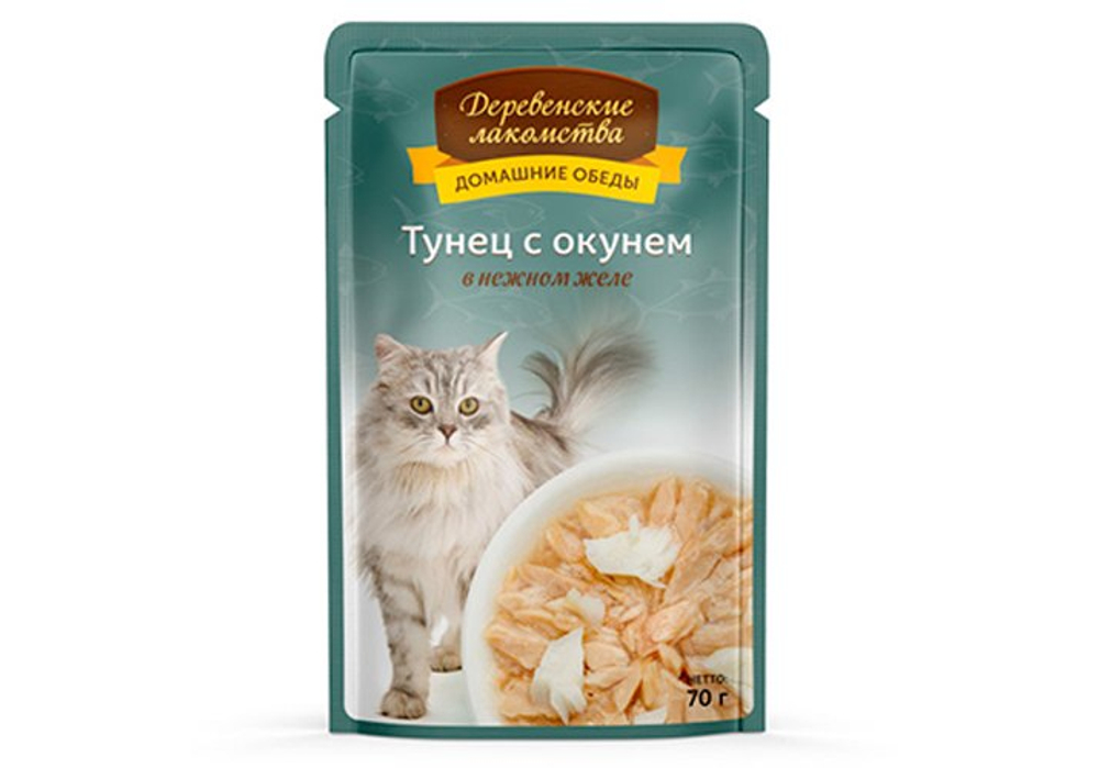 ДЕРЕВЕНСКИЕ ЛАКОМСТВА Пауч для кошек с тунцом и окунем в нежном желе 0,07 кг