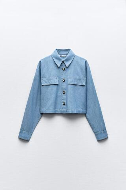 ZARA УКОРОЧЕННАЯ РУБАШКА С КЛАПАНАМИ, ГОЛУБОЙ