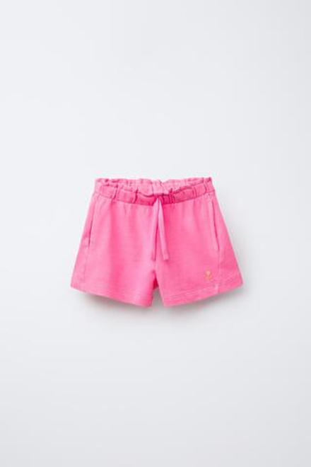 ZARA ОДНОТОННЫЕ ШОРТЫ С ВЫШИВКОЙ, НЕОНОВО-РОЗОВЫЙ