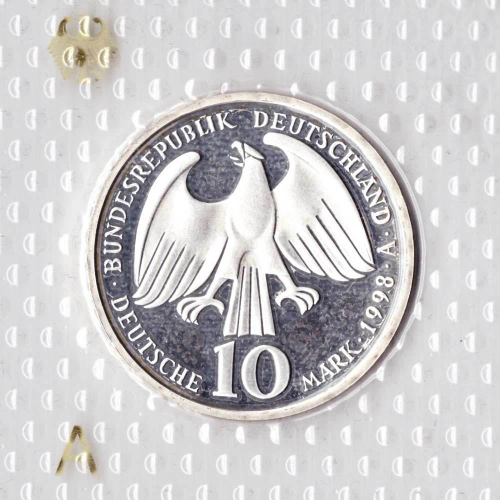10 марок. 350 лет подписания Вестфальского Мирного Договора (А). Серебро. 1998 г. PROOF. В родной запайке