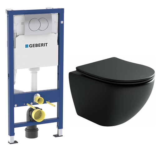 Комплект подвесной безободковый унитаз Ceramica Nova Metropol Rimless с крышкой-сиденьем CN4002MB, черный матовый + инсталляция Geberit Delta 458.149.21.1 с кнопкой, хром глянцевый