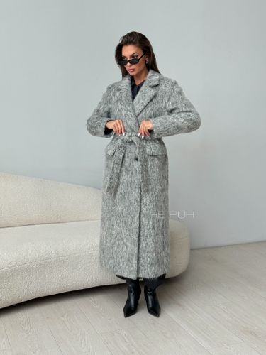 Серое двубортное пальто из шерсти с поясом