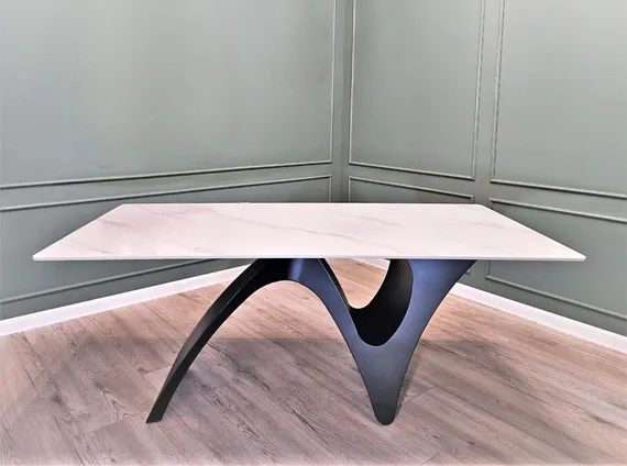 Стол Trento, 180х90 см, белый керамогранит на черной фигурной ножке