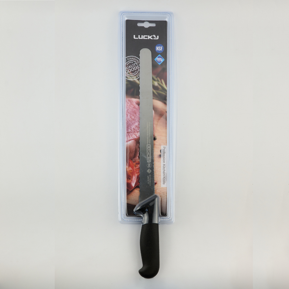 Нож хлебный 25 см 10", пластиковая ручка черного цвета, сталь X50CrMoV15 LUCKY