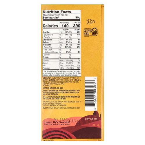 Lily's Sweets, Батончик темного шоколада 55% какао, миндаль, 85 г (3 унции)