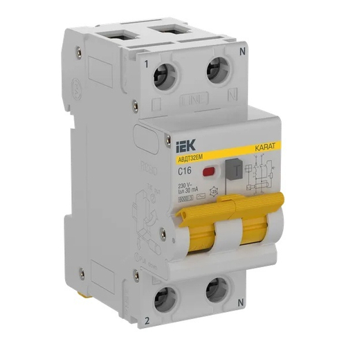 Дифференциальный автомат АВДТ32EM 2П С16А 30мА тип AC однофазный электромеханический 6кА ИЭК (дифавтомат, АВДТ) KA-VD14-1-016-C-030-AC