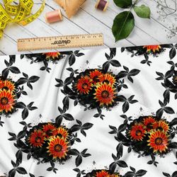Ткань бязь цветы с черными листиками