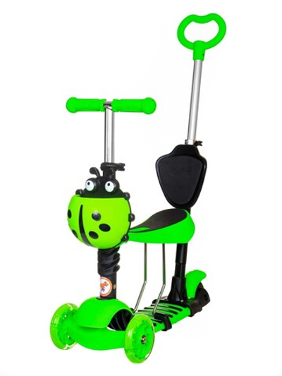 Самокат детский трехколесный + беговел Игрокат Букашка зеленый со светящимися колесами и родительской ручкой