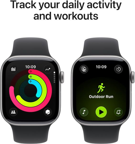 Умные часы Apple Watch Series 11 42 мм из алюминия цвета «серый космос», спортивный ремешок черного цвета (S/M)