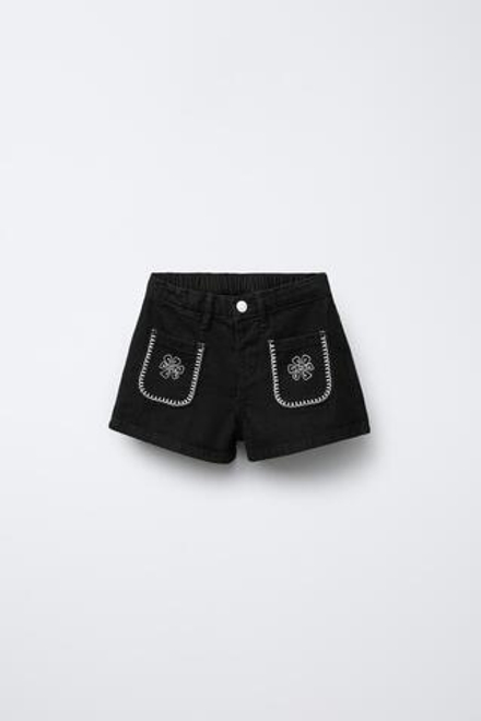 ZARA ДЖИНСОВЫЕ ШОРТЫ С ВЫШИВКОЙ, ЧЕРНЫЙ