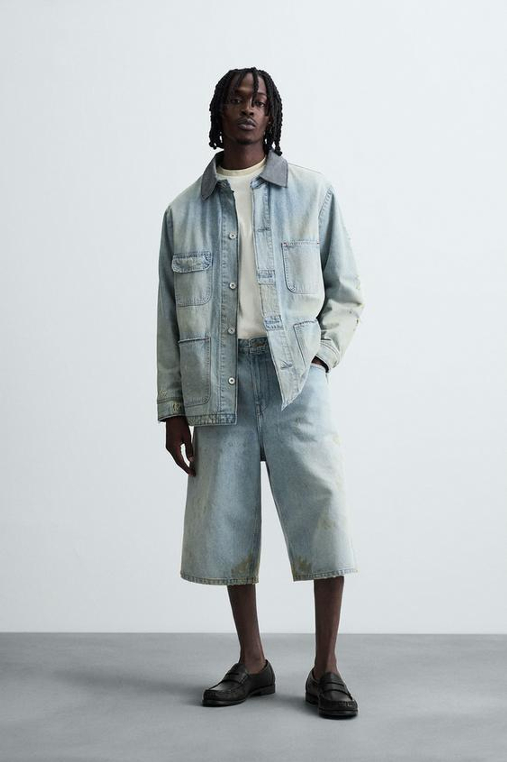 ZARA ДЖИНСОВЫЕ ШОРТЫ-БЕРМУДЫ BAGGY FIT В ВИНТАЖНОМ СТИЛЕ, ГОЛУБОЙ