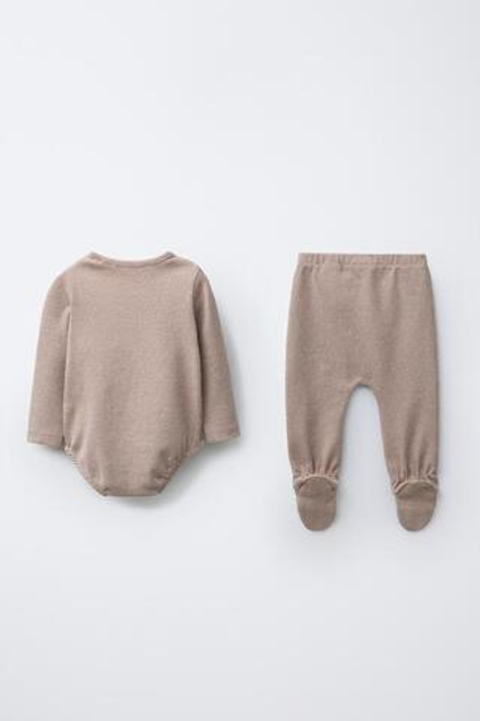 ZARA КОМПЛЕКТ БОДИ И ПОЛЗУНКОВ МЕЛАНЖ, КОРИЧНЕВЫЙ МЕЛАНЖ