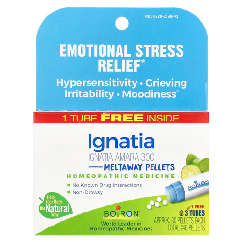 Boiron, Ignatia Amara, средство для снятия эмоционального стресса, гранулы Meltaway, 30C, 3 тюбика, 80 гранул в каждом