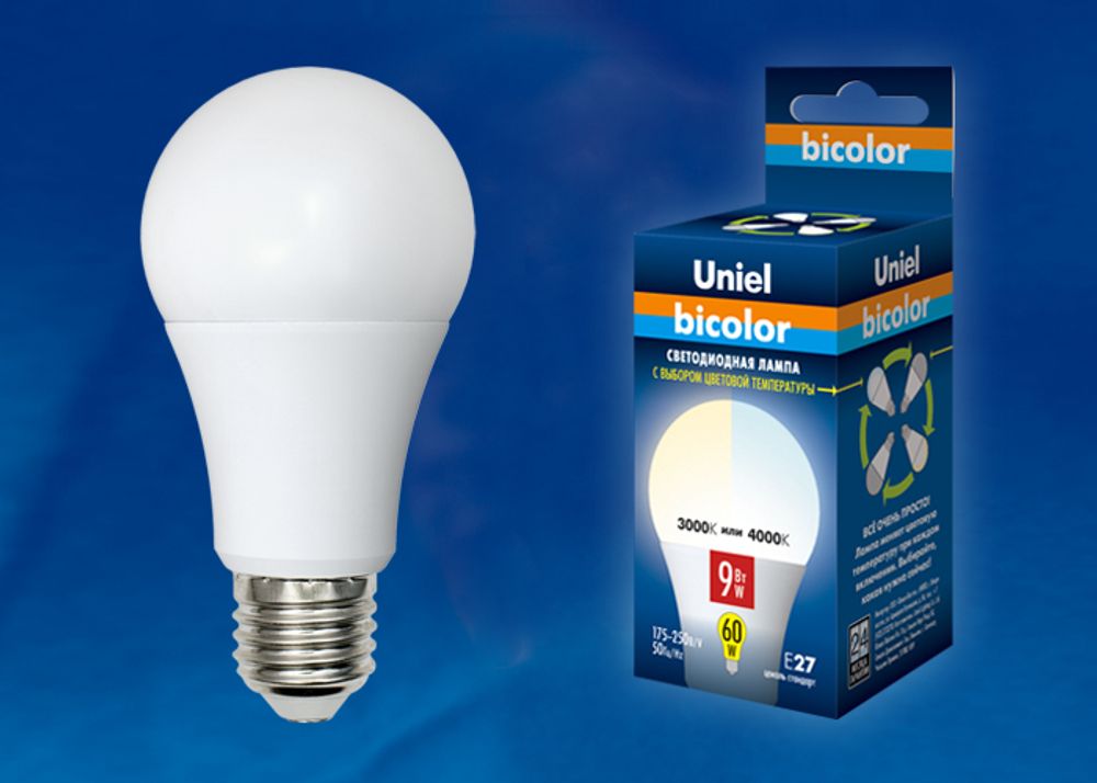 LED-A60-9W/WW+NW/E27/FR PLB01WH Лампа светодиодная. Форма «А», матовая. Серия Bicolor. Теплый белый свет - Белый свет. Картон. ТМ Uniel.