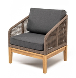 "Канны" кресло плетеное из роупа, основание дуб, роуп коричневый круглый, ткань темно-серая 027