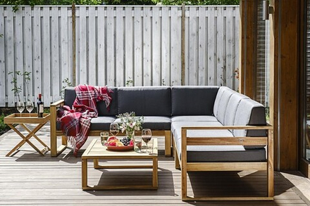 Угловой комплект из акации Joygarden БУКА с кофейным столом, Natural Teak, серый