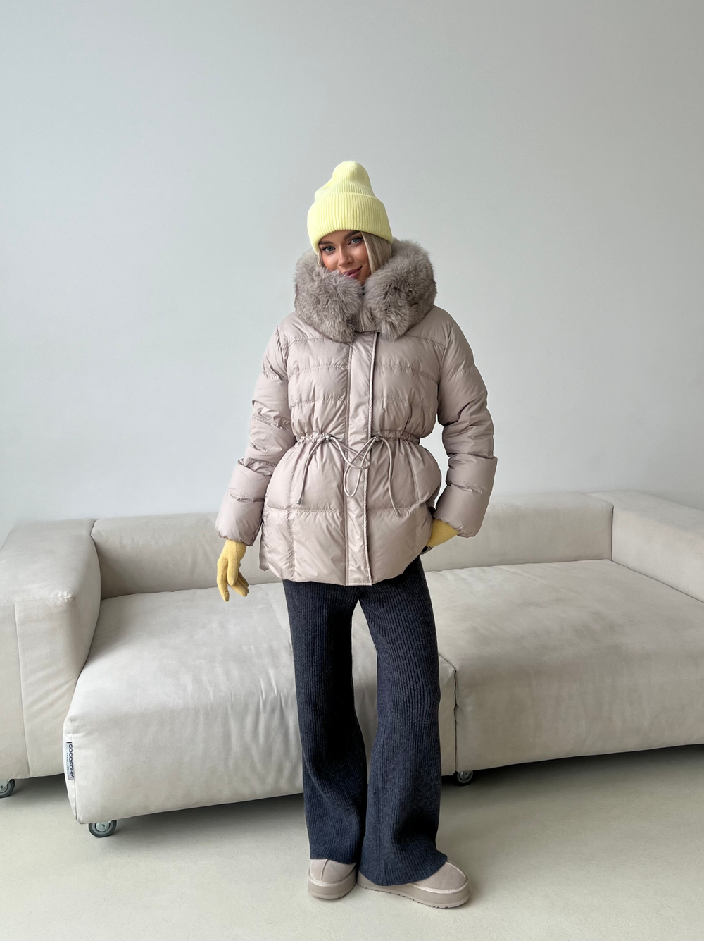 Пуховик Fresh миди с кулиской бежевый