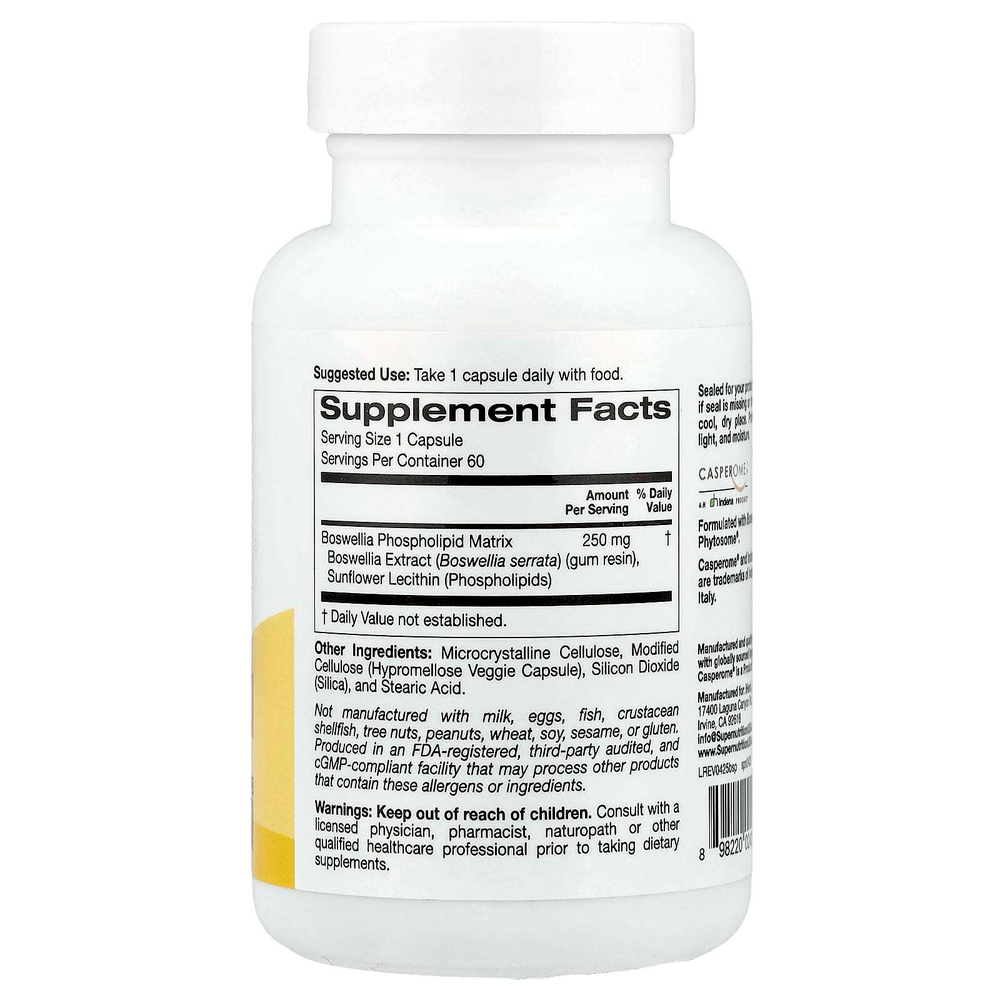 Super Nutrition, Boswellia Phytosome, фитосома босвеллии пильчатой с подсолнечным лецитином, 250 мг, 60 растительных капсул
