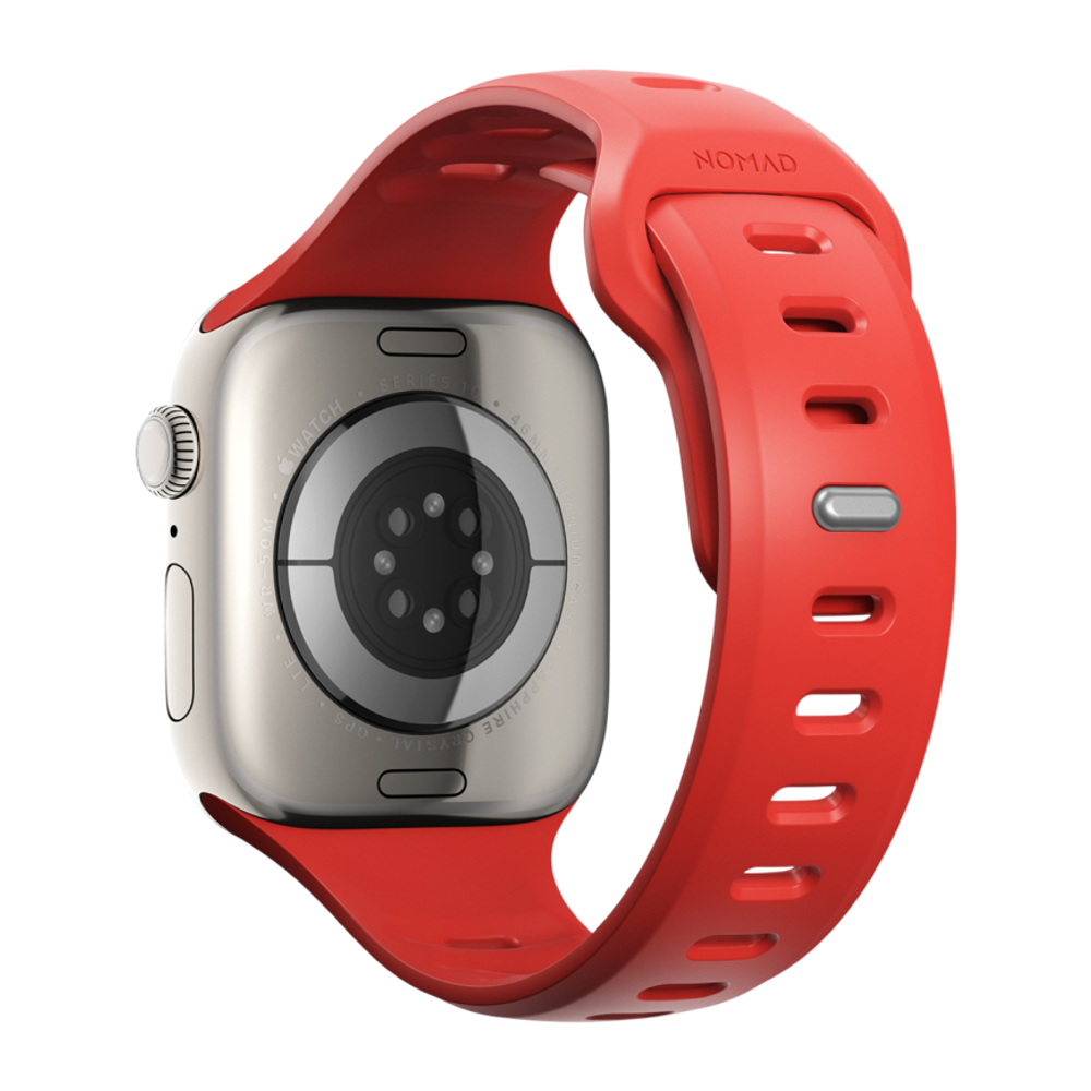 Спортивный ремешок Nomad Tempo Band для Apple Watch 44, 45, 46 мм и Ultra 2–3 Водостойкий ремешок из фторэластомера с алюминиевой застёжкой pin-and-tuck. На запястье обхватом 155–193 мм (158–195 мм — с Apple Watch Ultra)