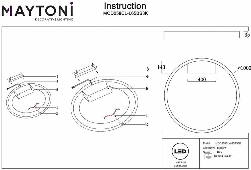 Накладной светильник Maytoni Rim MOD058CL-L65BS3K