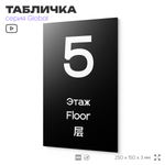 Табличка с номером Этаж 5, на дверь и стену, информационная и мультиязычная (русский, английский, китайский), серия GLOBAL, 25х15 см, Айдентика Технолоджи