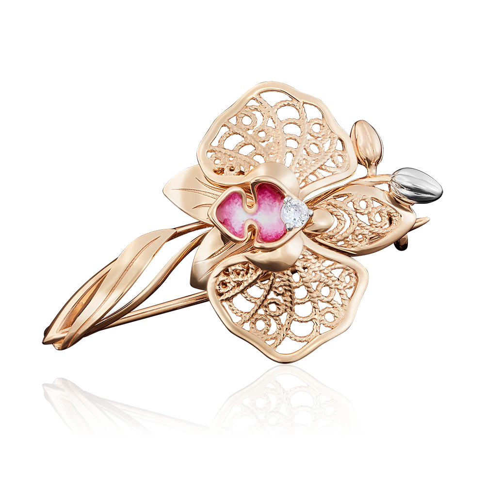 Брошь «Орхидея» из красного золота с фианитом и эмалью