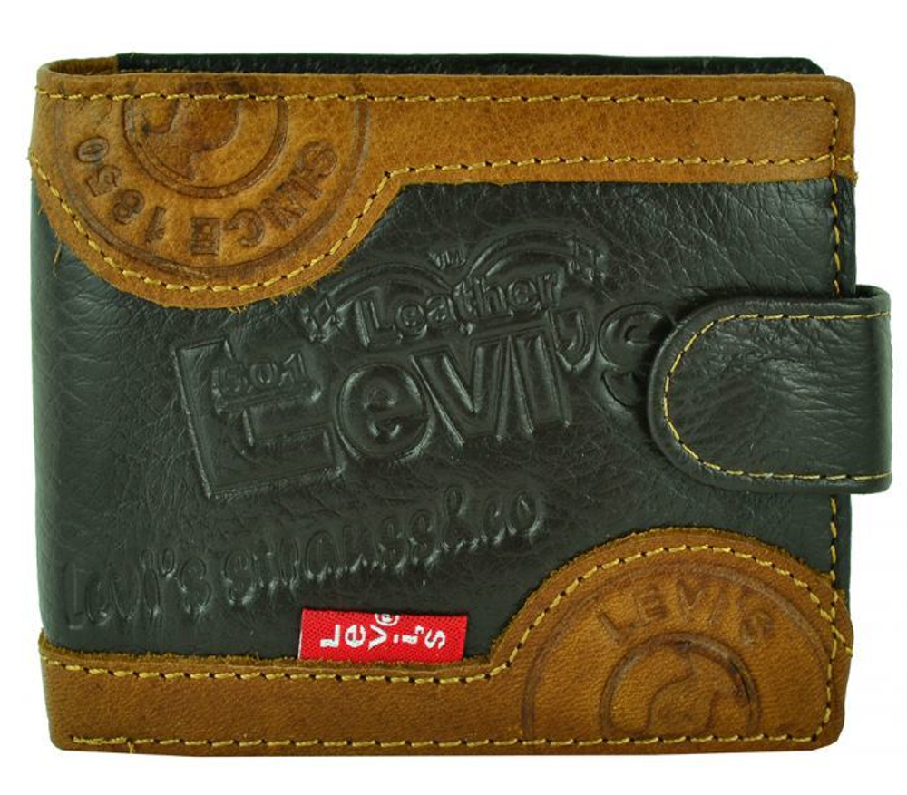 Кошелёк-портмоне коричневый кожаный мужской молодёжный Levi`s 18014 в подарочной чёрной матовой коробке