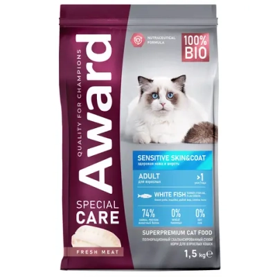 Сухой корм AWARD Special Care Sensitive Skin&Coat для взрослых кошек для здоровой кожи и шерсти со свежей белой рыбой