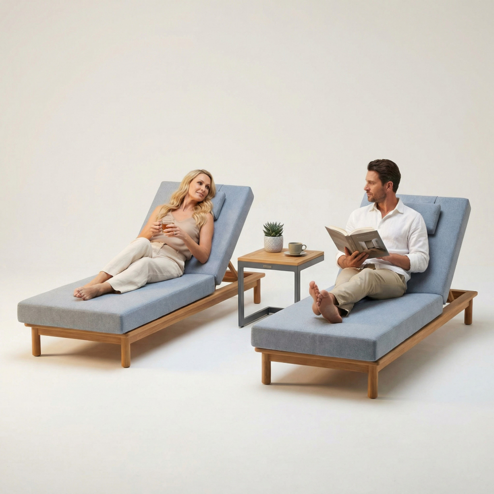 Шезлонг САПОРИ тик, светло-серый матрас, подушка