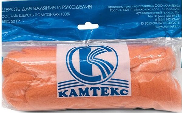 Шерсть для валяния Камтекс п/тонкая 1х50 г, (26-28 мкр), 037 персик