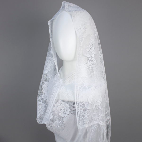 Шаль прямоугольная ритуальная Ажурная с кистями белая