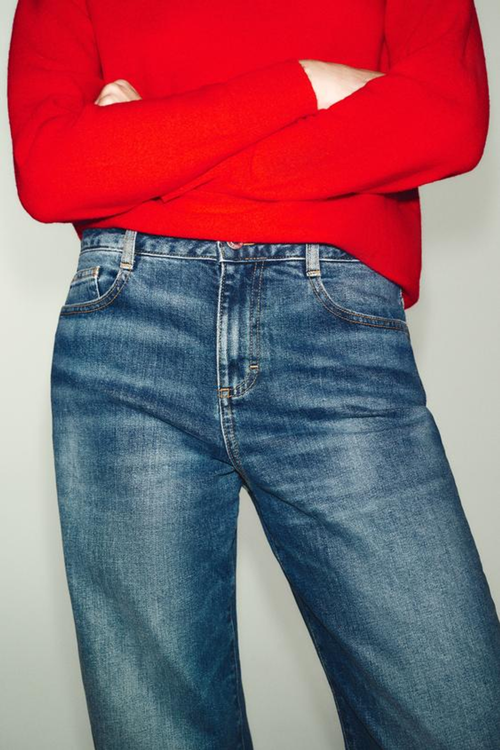 ZARA ДЖИНСЫ Z.07 RELAXED FIT С ВЫСОКОЙ ПОСАДКОЙ И ОТВОРОТАМИ, СИНИЙ