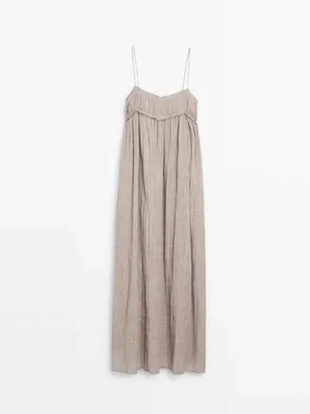 Massimo Dutti Платье миди из рифленого льна и хлопка, кротово-коричневый