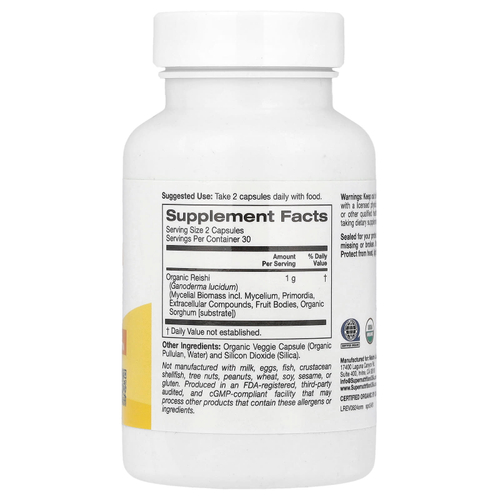 Super Nutrition, органический гриб рейши, 1 г, 60 растительных капсул (0,5 г в 1 капсуле)