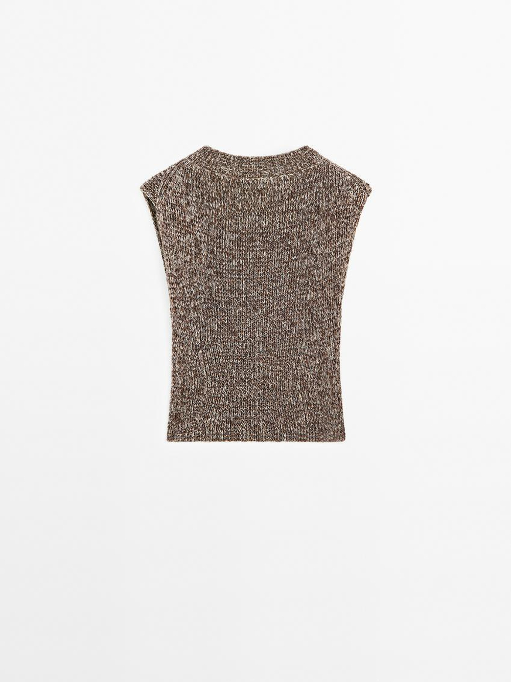 Massimo Dutti Топ из хлопка мулине с V-образным вырезом, коричневый