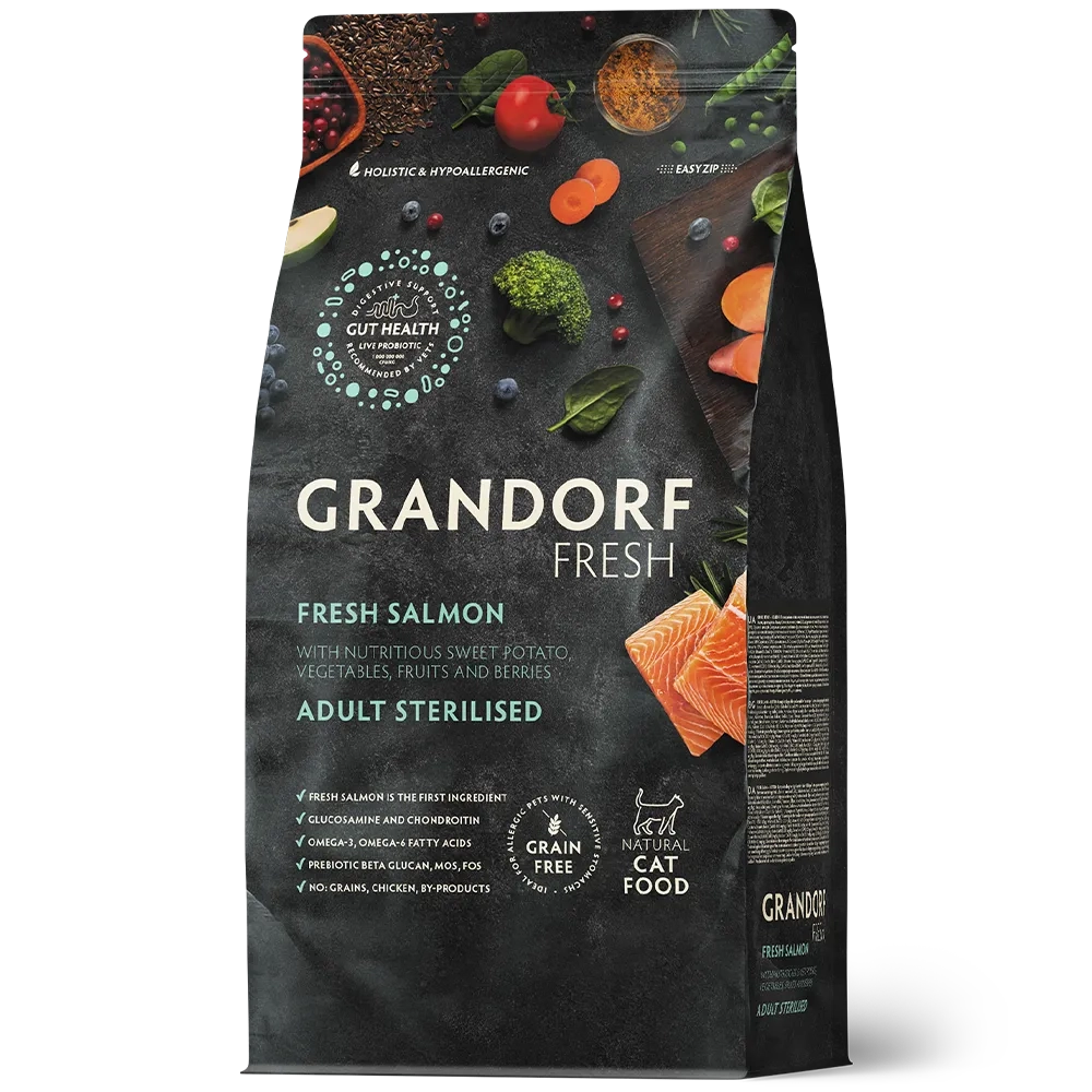 Сухой корм GRANDORF FRESH CAT Salmon STERILISED беззерновой, лосось с бататом для стерилизованных кошек, для здоровья кожи и шерсти или склонных к аллергии 2кг
