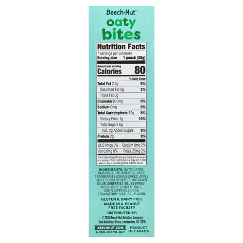 Beech-Nut, Oaty Bites, для малышей с первым прорезыванием зубов, ягодное ассорти, 7 пакетиков по 20 г (0,7 унции)