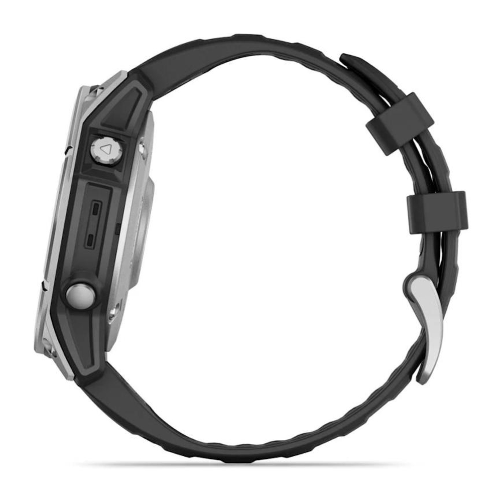 Спортивные часы Garmin fenix E, 47 мм, AMOLED, серебристый безель, чёрный силиконовый ремешок Безель из нержавеющей стали, AMOLED-дисплей со стеклом Gorilla Glass. Ремешок с классической застёжкой — на запястье обхватом 125–208 мм