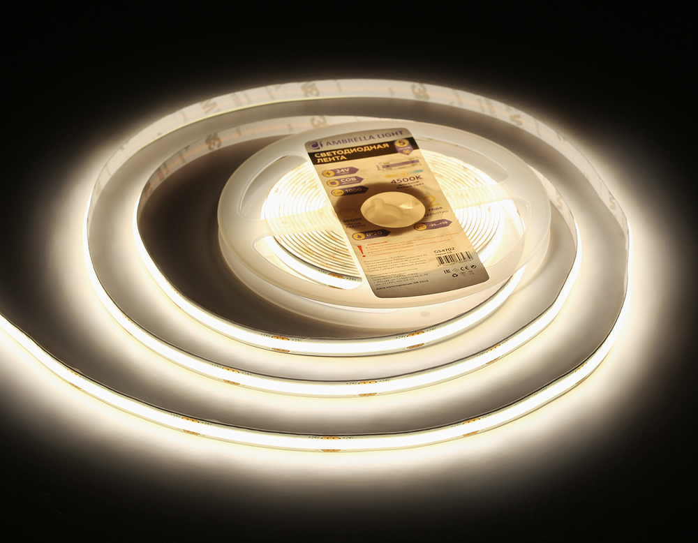 Светодиодная лента GS4702 COB 480Led /12W m/ 24V IP20 4500K/ 5000*8*1.54mm/ кратность резки 50mm (2 конт.)