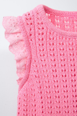 ZARA ТРИКОТАЖНЫЙ ТОП С КРУЖЕВОМ, РОЗОВЫЙ