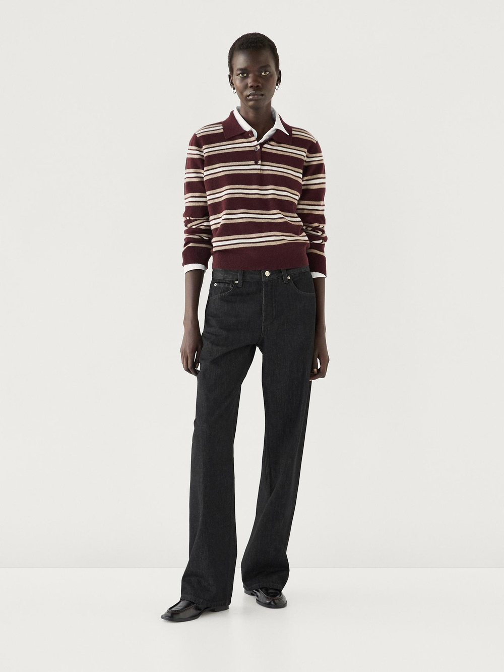 Massimo Dutti Свитер поло из 100% кашемира в полоску, цвет бургундского вина