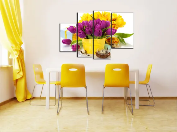 Модульная картина "Желтые и фиолетовые тюльпаны"