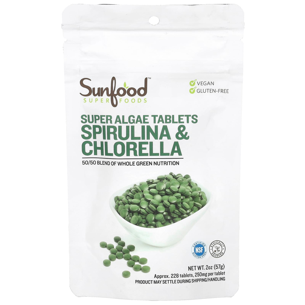 Sunfood, Super Algae Tablets, спирулина и хлорелла в таблетках, 250 мг, прибл. 228 таблеток, 57 г (2 унции)