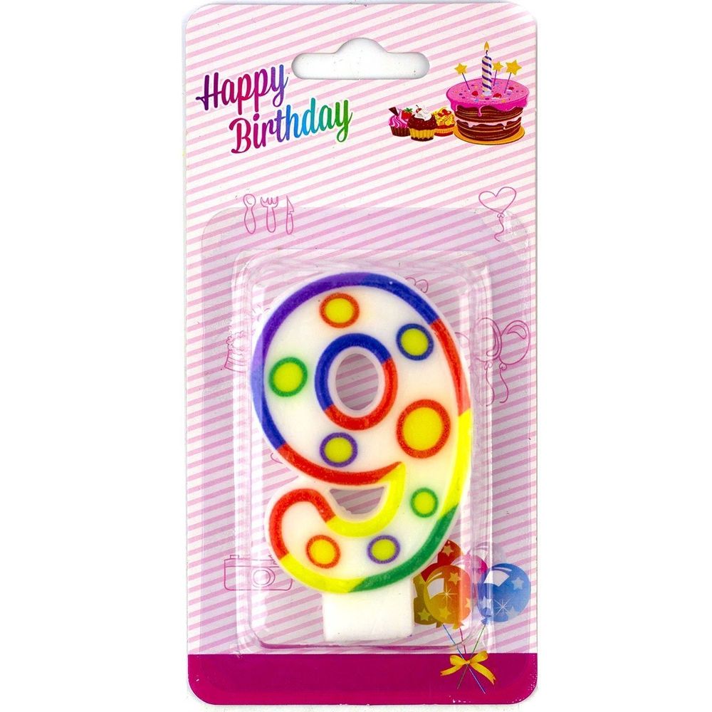 Свеча для торта с держателем Alingar, 7,0 см, "Цифра 9", белый цвет, горошек, цветная окантовка, блистер с европодвесом