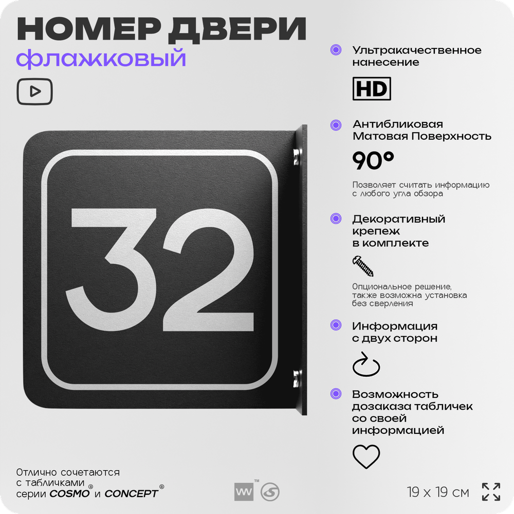 Табличка флажковая с номером 32 на дверь квартиры, для офиса, кабинета, аудитории, склада, черная двустороняя 19х19 см, Айдентика Технолоджи