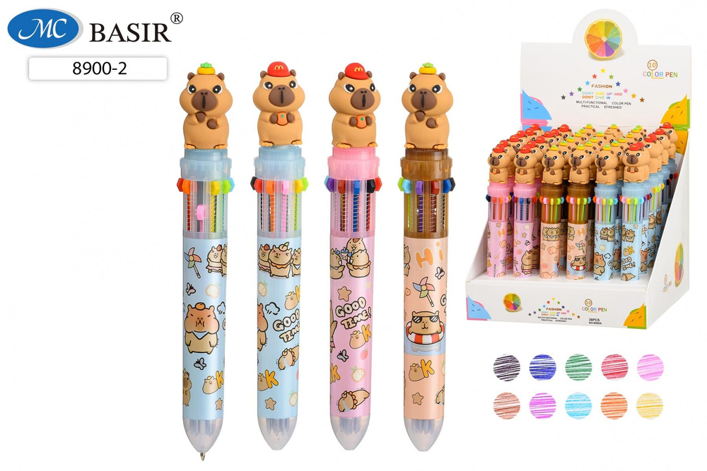 Авторучка 10 цв. детская "Капибара" цветной корпус с рисунком, ассорти 8900-2 (Basir) (Комплект 36шт.)